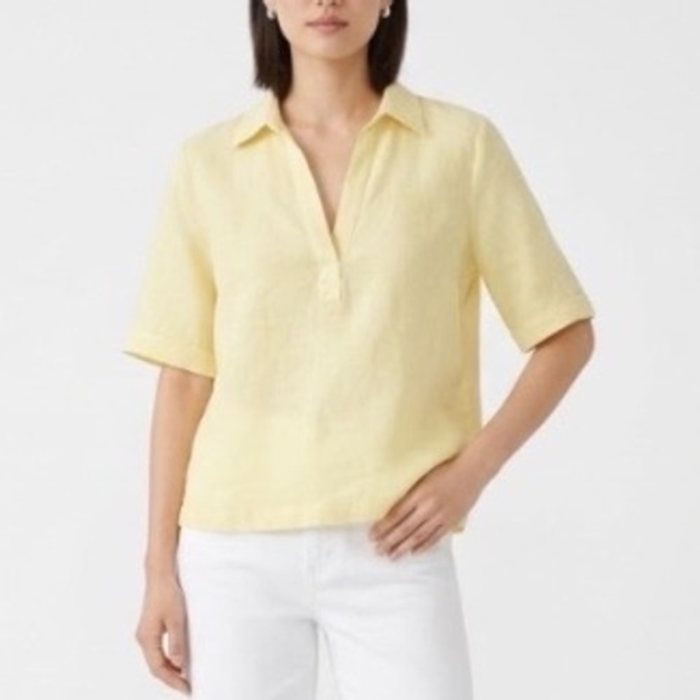Rachel Zoe 100% Linen Short Sleeve V-Neck Tunic Top Pastel Yellow Womens L